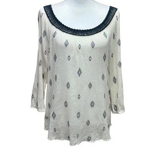 Lucky Brand Round Neck Boho Peasant Top W/ Crochet Edging and Embroidery Size‎ L